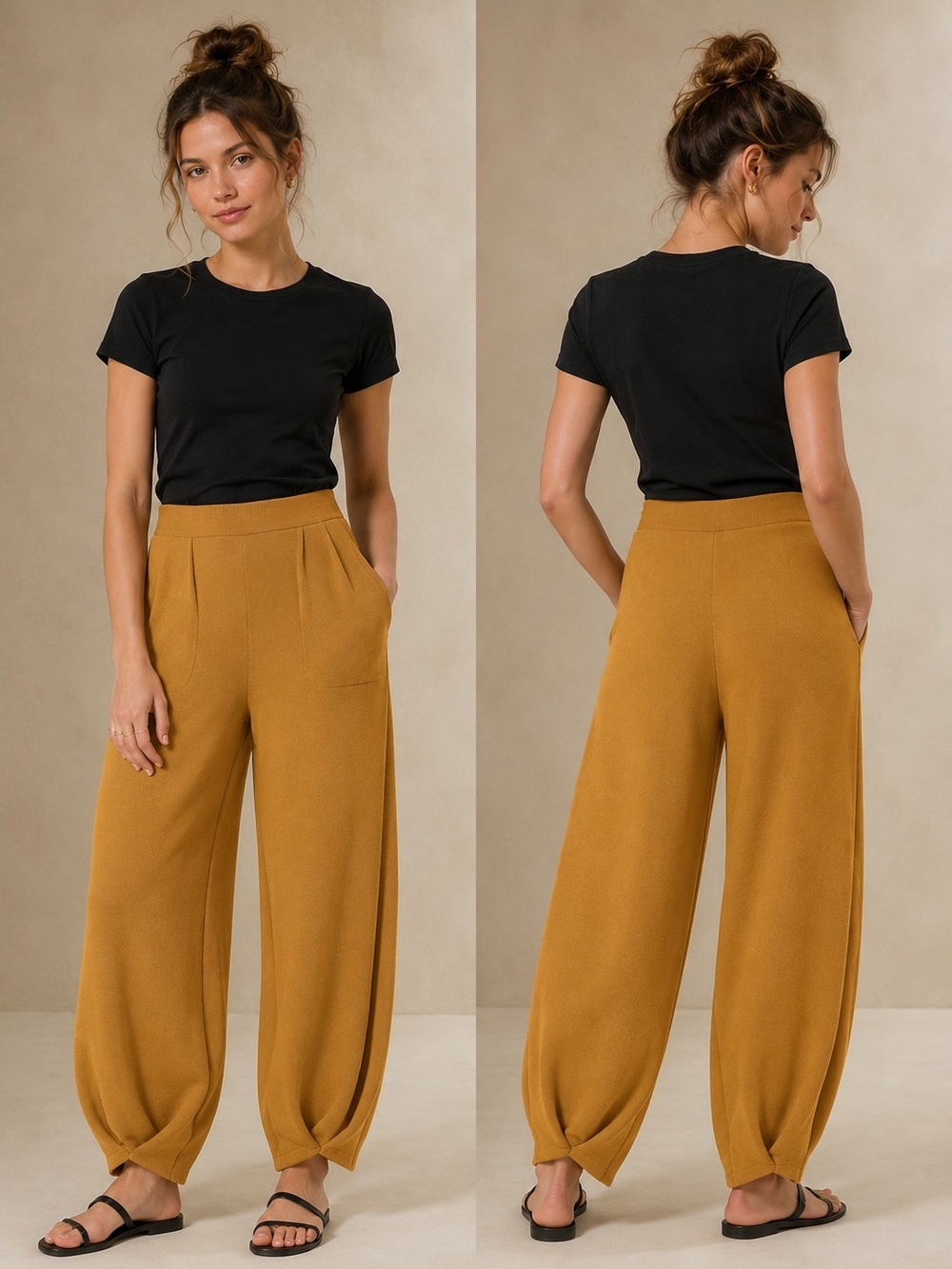 FP Beach Free People Camel Sweater Knit Bubble Hem Wide Leg Pants L